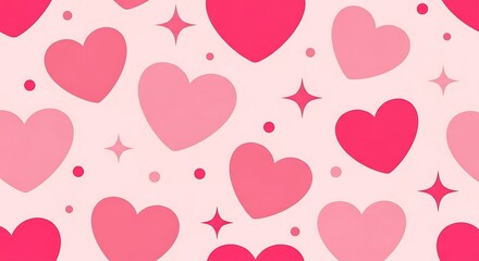 Pink white background with hearts and dots, seamless pattern, vector drawing wide horizontal
