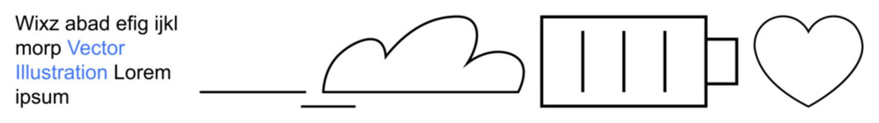 Renewable energy, sustainable power, digital technology, cloud connectivity, emotional connection, love. Minimalistic line art shows a cloud, battery and heart. Renewable energy and emotional