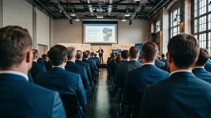 A professional conference scene featuring a speaker addressing an engaged audience of business professionals in formal attire, highlighting corporate collaboration and knowledge sharing.