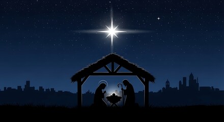 Fototapeta premium The Nativity Silhouette Vector: Holy Family in Stable, Starry Night, Jesus Birth, Mary, Joseph, and Bethlehem. Christmas Spiritual Digital Illustration