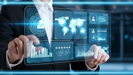 A professional businessperson interacting with a futuristic touchscreen displaying data analytics, including graphs, icons, and global maps for digital marketing and technology projects.