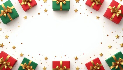 Festive Christmas Gift Boxes with Gold Ribbons and Star Confetti on White Background