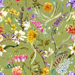 A floral seamless pattern with watercolor garden flowers. Seamless wallpaper with daffodils, hyacinths, freesia, and tulips.