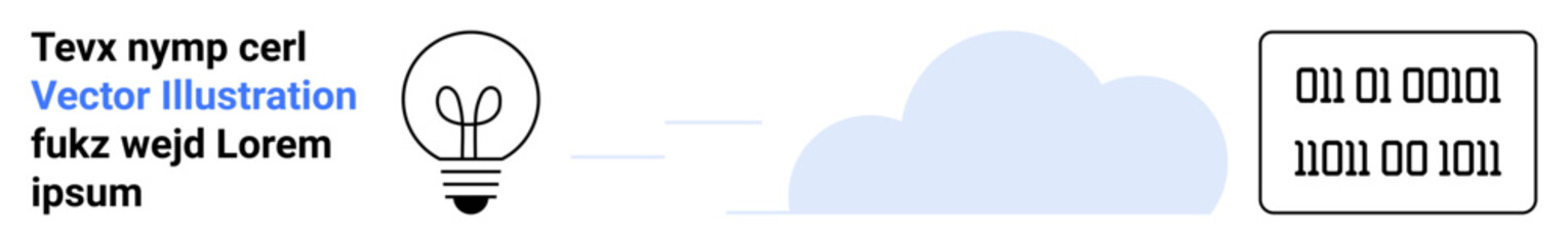 Technology, data transfer, cloud computing, innovation, digital communication, binary code. Lightbulb icon, binary digits and a blue cloud in a conceptual arrangement. Data transfer and cloud