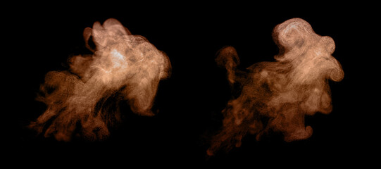 Orange dust particles forming swirling abstract clouds on a black background, creating a dynamic powder explosion effect ideal for artistic design, digital backgrounds, motion graphics