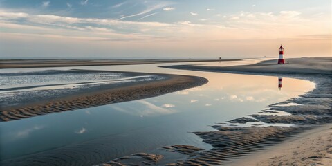 Serene Minimal Coastal Landscape with Reflective Tidal Flats and Buoy