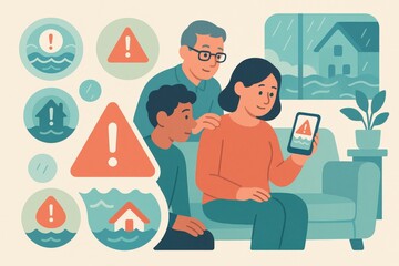 Family Gathering Around Phone Displaying Flood Alert Notice Emphasizing Emergency Preparedness and Communication for Natural Disasters in an Inviting Home Environment