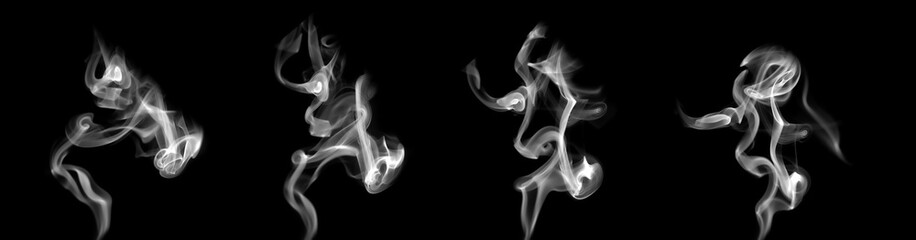 Abstract swirling white smoke shapes on a black background, creating a dynamic flowing texture ideal for branding, and creative visual effects that emphasize mystery, and minimalistic atmosphere.