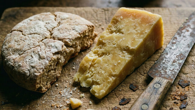 Hardtack biscuit and cheese wedge rustic still life on wooden board