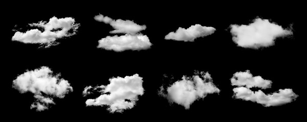 Realistic isolated cloud set on black background, perfect for sky replacement, and graphic design projects. High-resolution fluffy clouds with soft edges for photo compositing and effects.