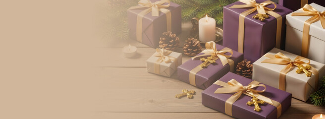 Obraz premium Many Christmas gift box with golden cross. Epiphany gift background element for holiday season design. Tradition of presentation of the three king gift. Banner with copy space