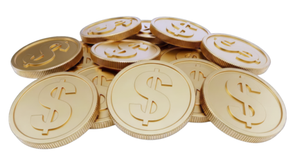 A Pile of Shiny Gold Coins Embellished with Dollar Signs Stacked Together Isolated on a Transparent Background Featuring a Realistic 3D Render and Reflective Surface with Dramatic Lighting