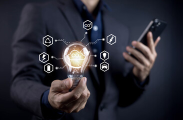 Sustainable energy innovation and CO2 reduction concept with light bulb, symbolizing clean technology, renewable energy, and eco-friendly business solutions for a green future.