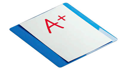 A Plus Grade On White Paper Inside Blue Folder Isolated On Transparent Background Top View Studio Shot