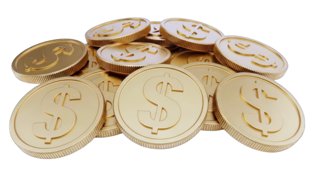 A Pile of Shiny Gold Coins Embellished with Dollar Signs Stacked Together Isolated on a Transparent Background Featuring a Realistic 3D Render and Reflective Surface with Dramatic Lighting