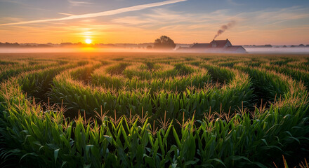 Corn Maze Field at Sunrise with Distant Farmhouse