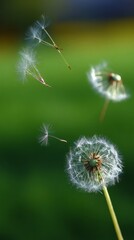 Obraz premium trusteeship. Dandelion seeds drifting in gentle breeze against soft green background. gardening catalogs, home-decor guides, designed for home decor and floral branding, promotes healthy living. 