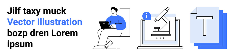 Education, online learning, science, research, content creation, information sharing. A person with a laptop, microscope on-screen and text files. Education and online learning concept