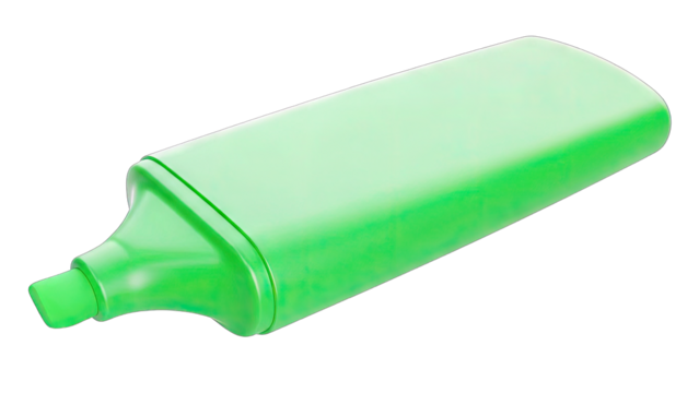 A vibrant green highlighter pen lies isolated on a clean white background showcasing its bright color and simple design perfect for office or school supplies imagery