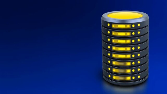 Stacked server storage data center rack database tower disk network backup with glowing status lights blue background conveying reliability