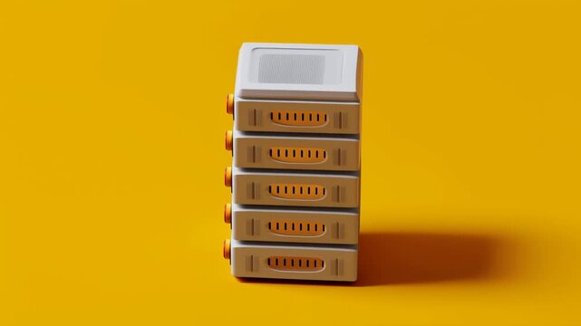 Stacked external hard drive tower and server drive stack with orange accents and control lights yellow background evoking warm energetic storage
