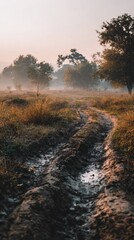 oxcart. Deep muddy ruts on a country path with an ancient oxcart moving through mist. mobility guides, transit brochures, designed for mobility and urban transit guides, used by professors.
