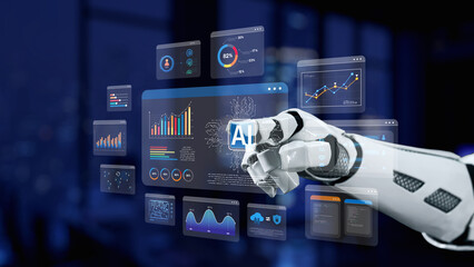 A robotic hand engages with high-tech data analytics displays showcasing graphs and AI interfaces in a modern office. The scene embodies the future of technology and innovation. Synapse