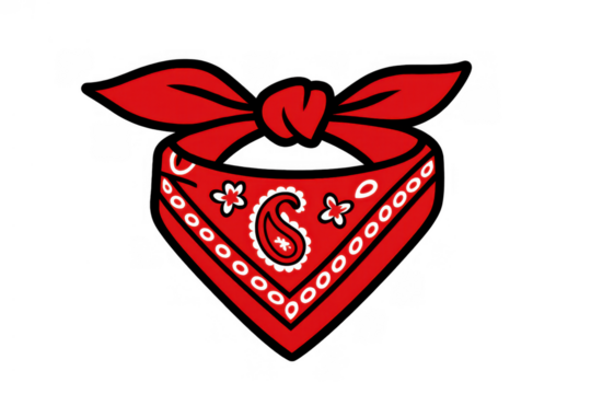 Red bandana with paisley pattern icon representing western, cowboy, and country culture, isolated on transparent background - Powered by Adobe