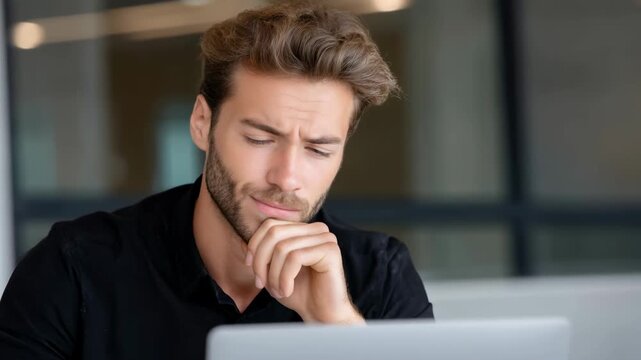 Young man thoughtful office worker with beard and brown hair concentrating laptop, pensive businessman pondering work problem with hand chin modern