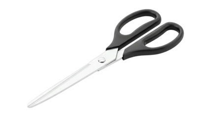 Black Handled Kitchen Shears With Serrated Blades Open And Ready To Cut Isolated On A White Background With Studio Lighting