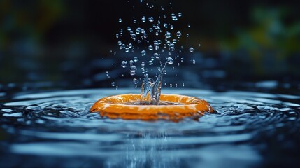 A dynamic photograph captures a single water droplet impacting a pool of blue water, emphasizing the splash, movement, and visual effect of the water's interaction.