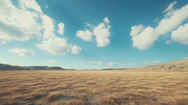 Wide open plain with patches of grass and clouds in the sky