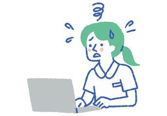 A female nurse frantically working on her computer_Color