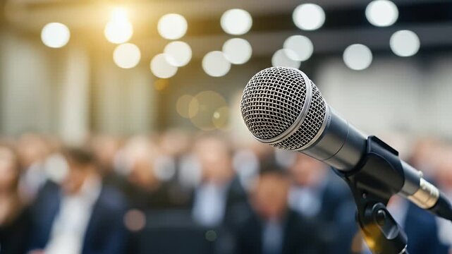 Close-up view of a microphone at a professional conference or seminar, highlighting public speaking and communication in a business environment with an audience blurred in the background.