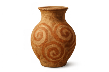 Clay pottery vase displaying ancient spiral patterns, earthenware jar with decorative motif on transparent background