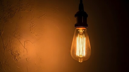 Close-up of a Vintage Edison Style Light Bulb with Glowing Filaments Hanging in Darkness Against a Textured Orange Wall