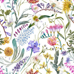 A floral seamless pattern with watercolor garden flowers. Seamless wallpaper with daffodils, hyacinths, freesia, and tulips.