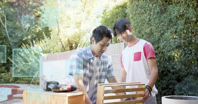 Adult handing mallet and guiding teen tapping slats in woodwork for fit, graphic highlighting gaps