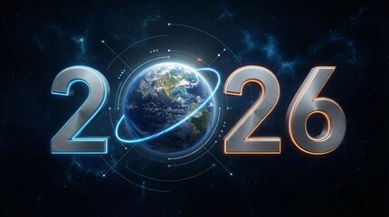A digital representation of the year 2026 with the Earth in the center. The numbers are stylized and surrounded by cosmic elements, symbolizing New Year celebrations.