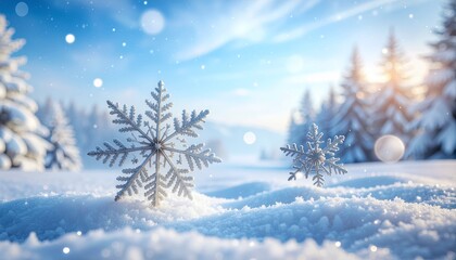 Fototapeta premium Two snowflakes in a snowy forest scene. Ideal for winterthemed designs, christmas cards, seasonal backgrounds, nature concepts.