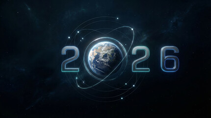 A digital representation of the year 2026 with Earth in the background. The scene features a dark space theme with glowing elements and orbiting rings around the planet.