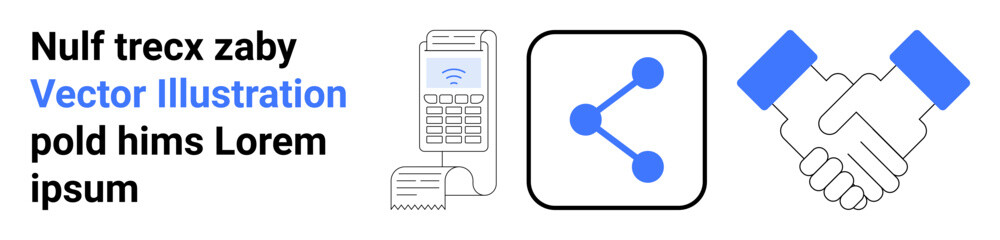 Financial transactions, digital communication, networking, teamwork, financial tech, business collaboration. Payment terminal, share icon handshake graphic. Financial transactions and communication