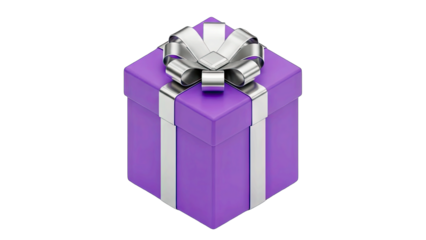 A Purple Gift Box with Silver Ribbon and Bow Tied on Top Isolated on a Transparent Background Ideal for Celebrations and Special Occasions