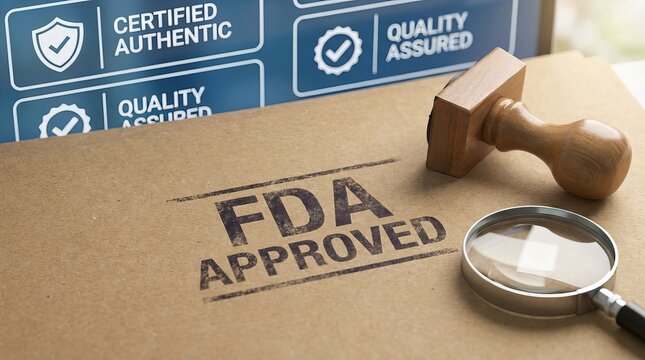 'FDA APPROVED' stamped on textured paper, beside a magnifying glass and wooden rubber stamp, symbolizing certification, quality assurance, and regulatory approval