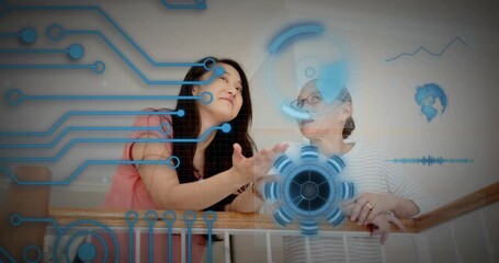 Daughter starting gestures mother listening railing, tech circuits growing around them sharing news