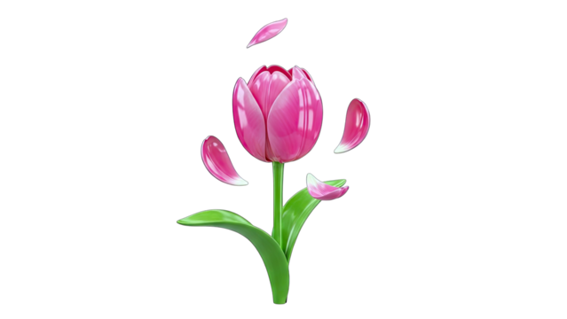 A Single Pink Tulip Flower in Bloom with Petals Falling Against a Transparent Background