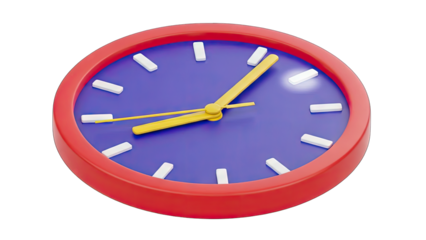A Vivid Red Framed Round Analog Clock with a Deep Blue Face White Tick Marks and Yellow Hands Isolated on a Transparent Background with Subtle Lighting Highlights