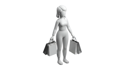 A White 3D Rendered Woman Holding Shopping Bags with a Transparent Background