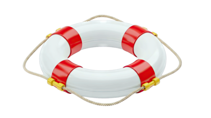A White and Red Lifeguard Ring With Attached Rope And Yellow Clips Isolated On A Transparent Background Studio Shot