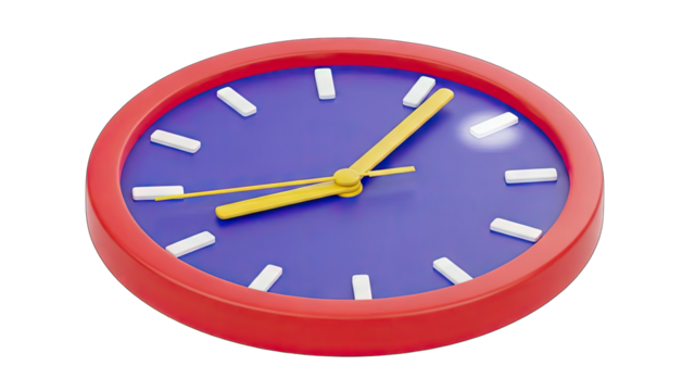 A Vivid Red Framed Round Analog Clock with a Deep Blue Face White Tick Marks and Yellow Hands Isolated on a Transparent Background with Subtle Lighting Highlights